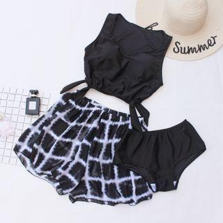 Set: Plain Tankini Top + Bottom + Plaid Shorts