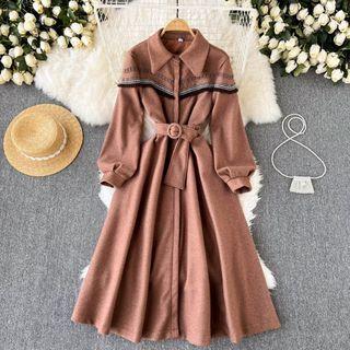 Puff-sleeve Pattern Trim Midi A-line Dress