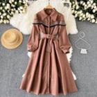 Puff-sleeve Pattern Trim Midi A-line Dress