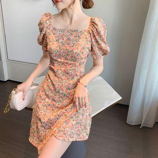 Puff-sleeve Floral Asymmetric A-line Dress