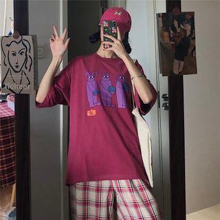 Elbow-sleeve Print T-shirt / Plaid Pants