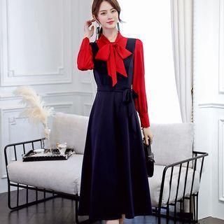 Tie-neck Long-sleeve A-line Midi Dress