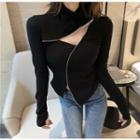 Long-sleeve Cutout Zip-front Top Black - One Size