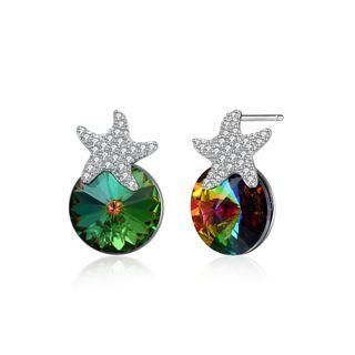 925 Sterling Silver Fashion Star Green Austrian Crystal Element Stud Earrings Silver - One Size