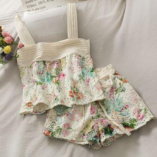Set: Patchwork Sleeveless Printed Crop Top + Shorts Almond - One Size