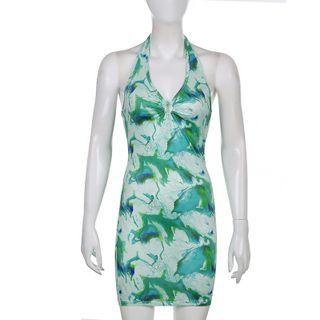 Halter-neck O-ring Marble Print Mini Bodycon Dress