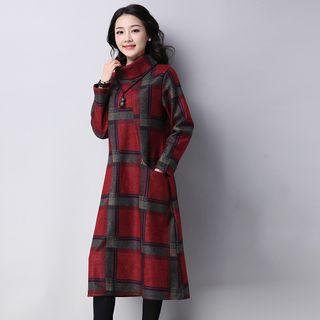 Plaid Long-sleeve Turtleneck A-line Dress