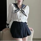 Long-sleeve Sailor Collar Crop Top / Pleated Mini A-line Skirt