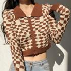 Collared Checkerboard Cropped Cardigan Check - Brown - One Size