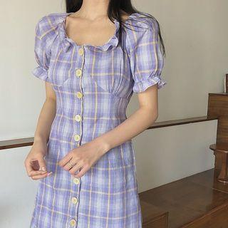 Puff-sleeve Plaid Frill Trim Mini A-line Dress