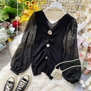 V-neck Chiffon Panel Ruched Long-sleeve Top