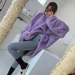 Long-sleeve Drawstring Plain Faux Fur Sweatshirt