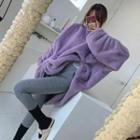 Long-sleeve Drawstring Plain Faux Fur Sweatshirt