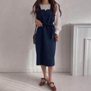 Sleeveless Stitched Midi Dress With Sash One Size