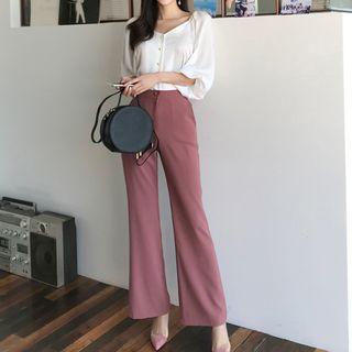 Set: Puff-sleeve Blouse + High Waist Wide-leg Pants