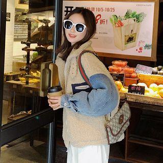 Denim-sleeve Faux Shearling Zip Jacket