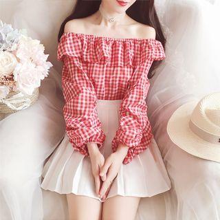Off-shoulder Plaid Ruffle Blouse As Shown In Figure - One Size