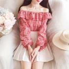 Off-shoulder Plaid Ruffle Blouse As Shown In Figure - One Size