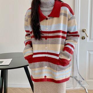 Collared Striped Cardigan Red & Gray & Almond - One Size