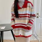 Collared Striped Cardigan Red & Gray & Almond - One Size
