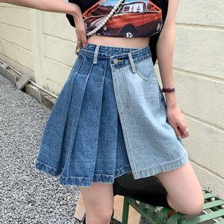 High-waist Two-tone Pleated Denim Skirt