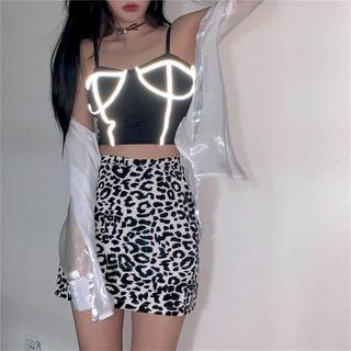 Contrast Trim Camisole Top / Leopard Print Mini Pencil Skirt / Long-sleeve Shirt