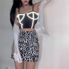 Contrast Trim Camisole Top / Leopard Print Mini Pencil Skirt / Long-sleeve Shirt