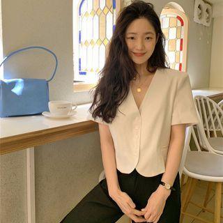 Short-sleeve V-neck Blouse / Midi A-line Skirt