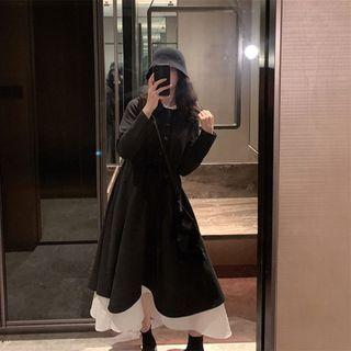 Set : Long-sleeve Plain Dress + Suspender Skirt