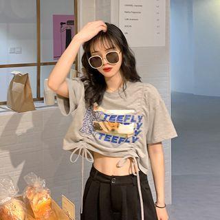 Short-sleeve Print Ruched Cropped Top