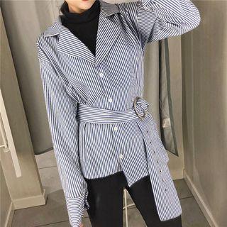 Long-sleeved Stripe Belted Shirt