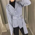 Long-sleeved Stripe Belted Shirt