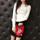 Set: Open Shoulder Long-sleeve Knit Top + Embroidered Mini Skirt