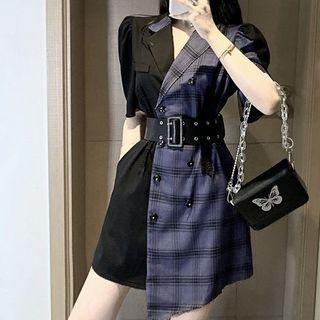Plaid Panel Double-breasted Elbow-sleeve Mini A-line Blazer Dress