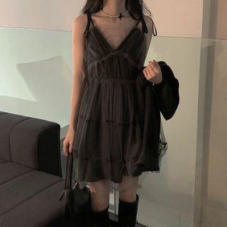 Spaghetti Strap Mesh Mini A-line Dress Dark Gray - One Size