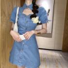 Puff-sleeve Cutout A-line Denim Dress