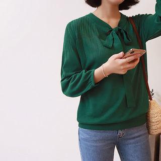 Tie-front Puff-sleeve Knit Top