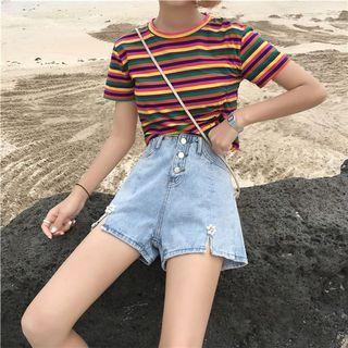 High-waist Faux Pearl Slit Denim Wide-leg Shorts
