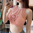 Sleeveless Perforated Knit Cropped Top Pink - One Size