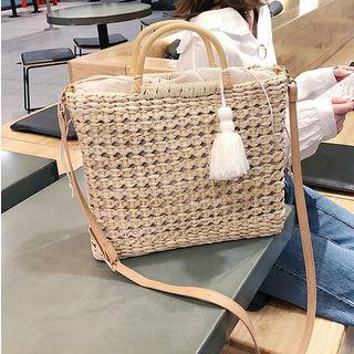 Tasseled Straw Tote Bag Khaki - One Size