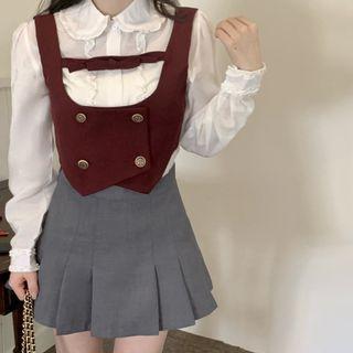 Peter Pan Collar Blouse / Double-breasted Vest / Pleated Mini Skirt