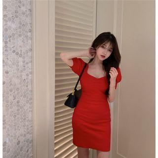 Square-neck Short-sleeve Mini Sheath Dress Red - One Size