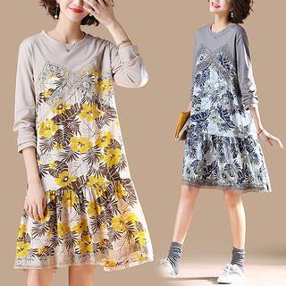 Long-sleeve Floral-print Paneled A-line Dress