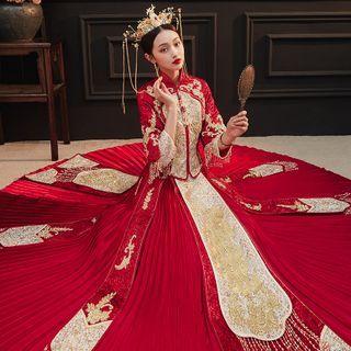 Set: Embroidered Beaded Chinese Wedding Cheongsam + Maxi Skirt