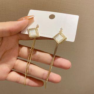 Square Cat Eye Stone Alloy Fringed Earring E4171 - 1 Pair - Gold - One Size