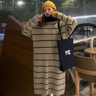 Mock Turtleneck Long-sleeve Striped Midi Knit Dress