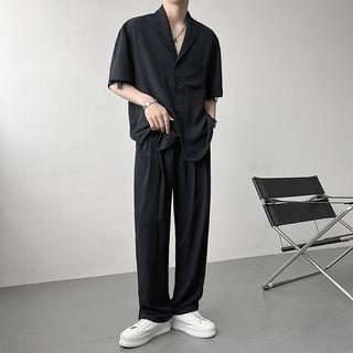 Set: Short-sleeve Pocket Detail Shirt + Wide Leg Pants