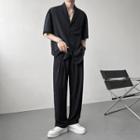 Set: Short-sleeve Pocket Detail Shirt + Wide Leg Pants