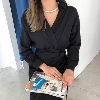 Wrap-front Monotone Shirtdress