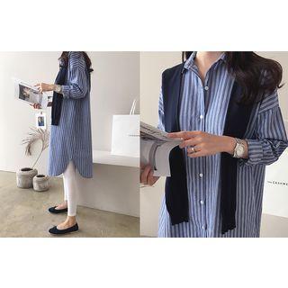 Long-sleeve Layered-trim Stripe Midi Shirtdress